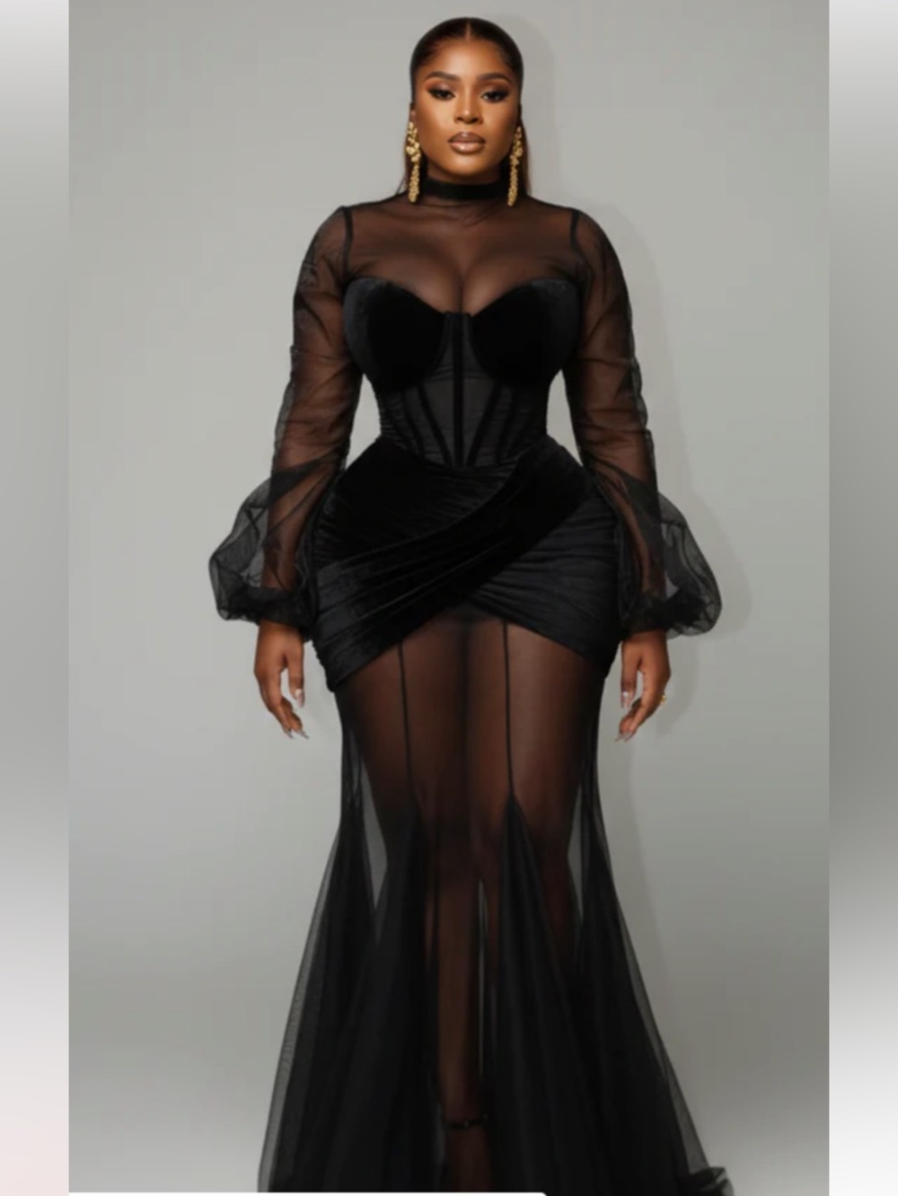 Black Sheer Corset Maxi Dress with Puff Sleeves